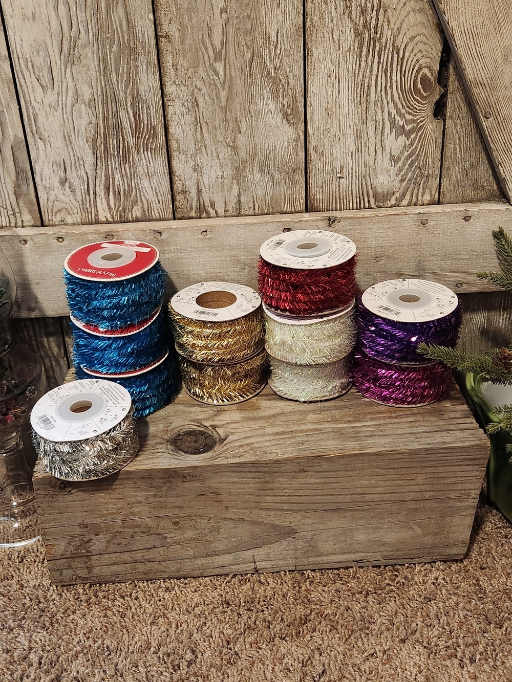 11-Assorted Holiday Tinsel Craft Ribbon - Red, Blue, Gold, Silver,Purple, White.